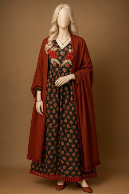 Reddish Brown Floral Maxi-Stitched