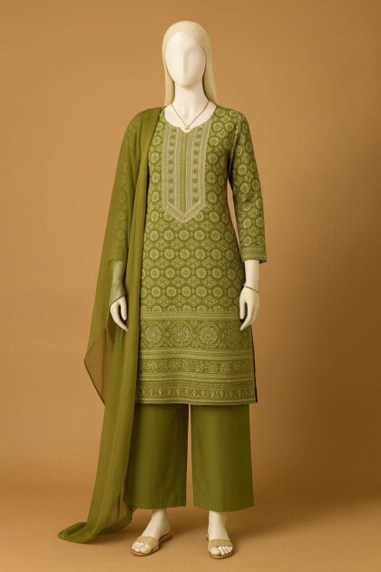 Green & White Lawn Suit