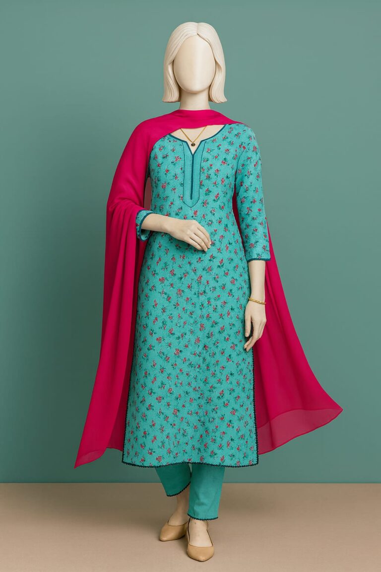 Turquoise ethnic outfit with pink dupatta zimzar