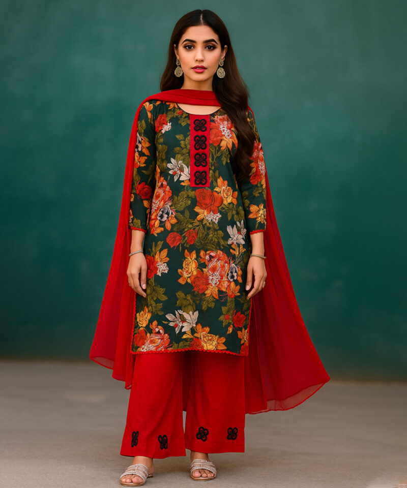 Red Floral 2 PC Stictched