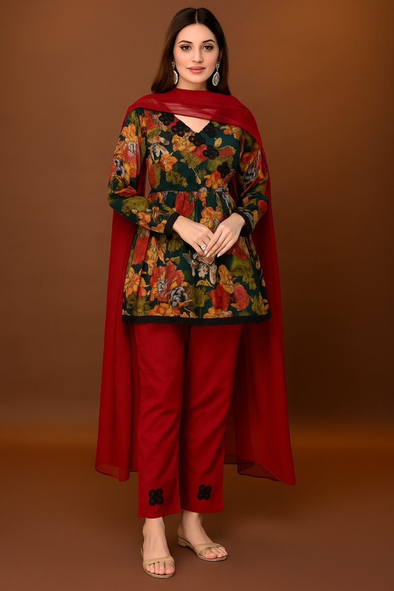 Red Floral Print-Stitched