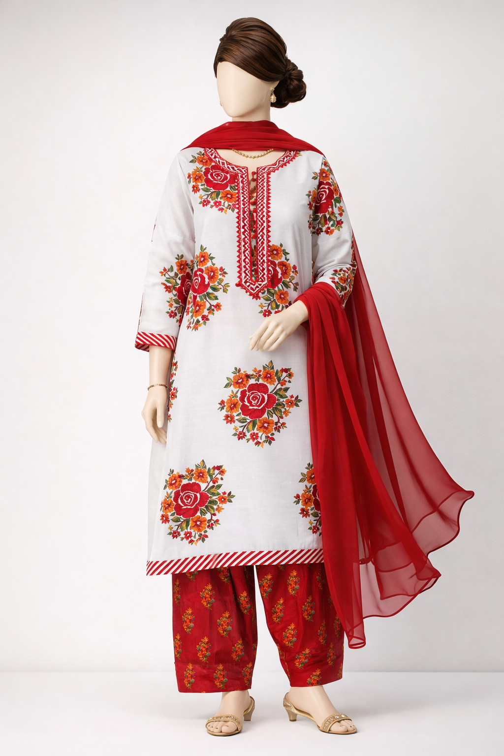 White Floral With Farshi Shalwar 2pc