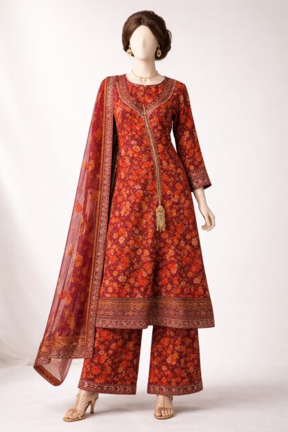 Maroon Floral Lawn Fancy Frock