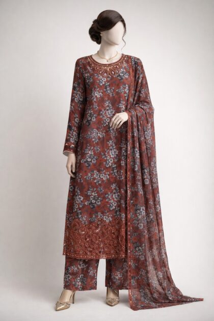 Brown Floral Stitched 3 Pc