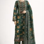 Bottle Green Floral Stitched 3pc