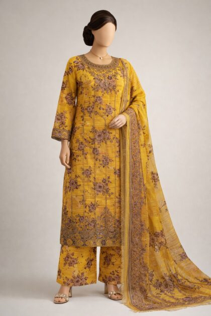 Mustard Embroidery Stitched 3 pc